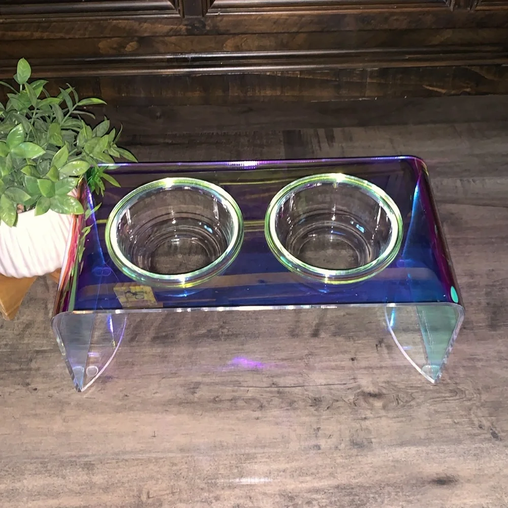 KAMANG HOLOGRAPHIC PET GLASS BOWL FEEDER FOR CATS & DOGS